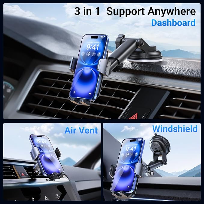 ACMEZING 3-in-1 Car Phone Holder, Suction Cup & Air Vent Dashboard Mount | 122+LBS Strongest Suction & Stable Clamp Arm, 360° Adjustable Cell Phone Mount Fits All Smartphones & Car Models