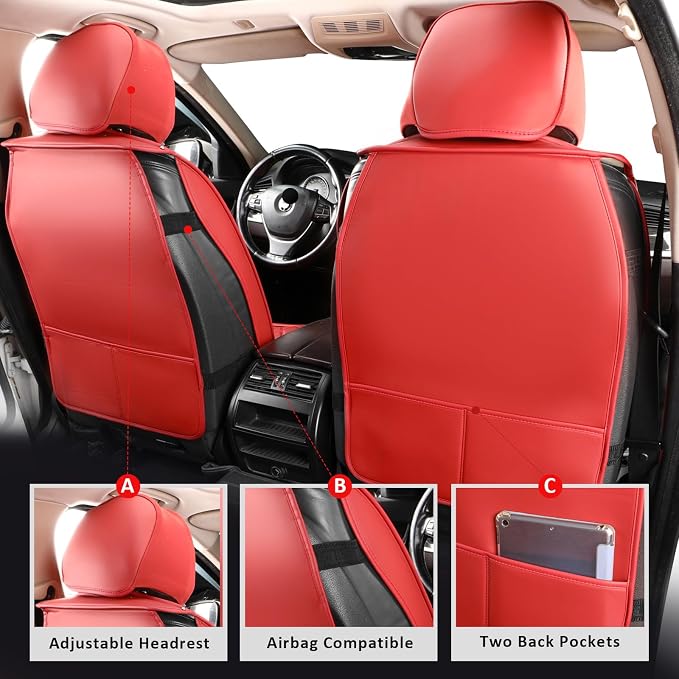 MIROZO Seat Covers Full Set,Leather Car Seat Covers Breathable Car Seat Protector Waterproof Automotive Vehicle Cushion Cover Universal for Most Sedan, Truck and SUV (Full Set, Wine Red)