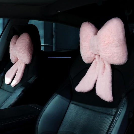 Macarrie 2 Pcs Pink Car Neck Pillow Plush Butterfly Bow Car Headrest Pillow Comfortable Seat Neck Support Cute Head Rest Accessories for Driving Travel Driver Chair Girl Interior Decor(Solid)