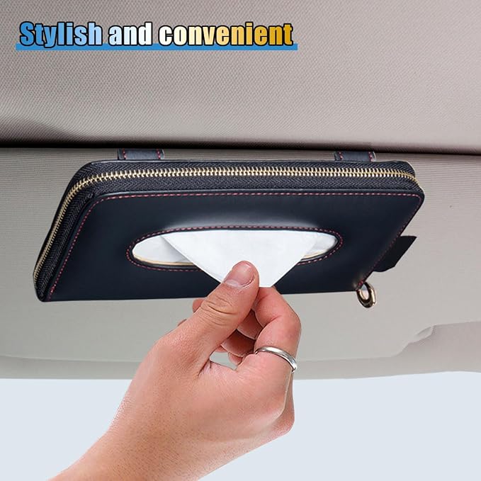 Car Tissue Holder, Sun Visor Box, Backseat Paper Carton, Leather Napkin Case, Universal Hanging Towel Clip for SUV, RV, Truck (Black)