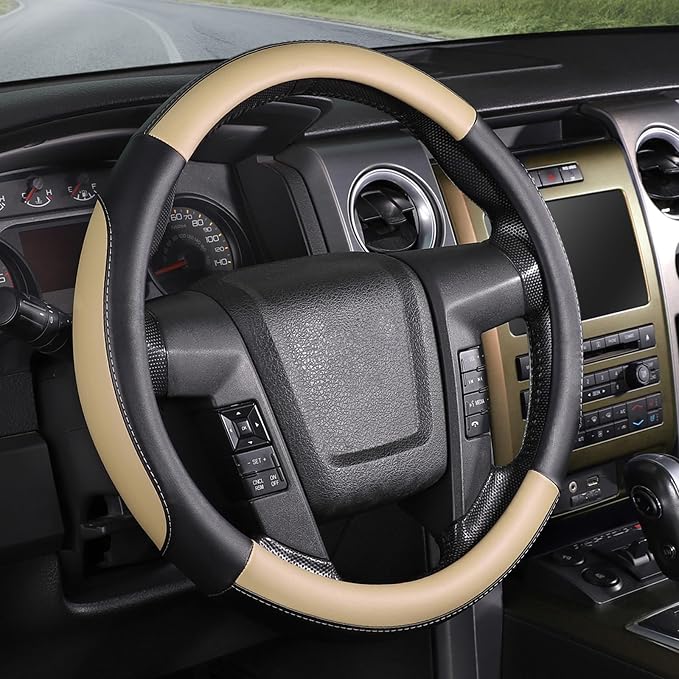 SEG Direct Car Steering Wheel Cover Large-Size for F150 F250 F350 Ram 4Runner Tacoma Tundra Range Rover with 15 1/2 inches-16 inches Outer Diameter, Black and Beige Microfiber Leather