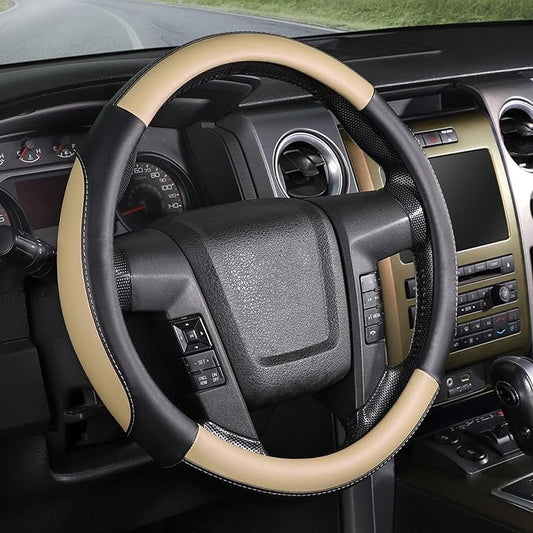 SEG Direct Car Steering Wheel Cover Large-Size for F150 F250 F350 Ram 4Runner Tacoma Tundra Range Rover with 15 1/2 inches-16 inches Outer Diameter, Black and Beige Microfiber Leather