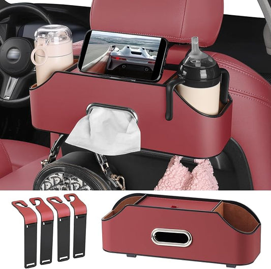 Car Rear Backseat Extra Multifunctional Drink Cup Holder Organizers with Tissue Storage Box Organizer & Hooks for Car Seat Back. Red