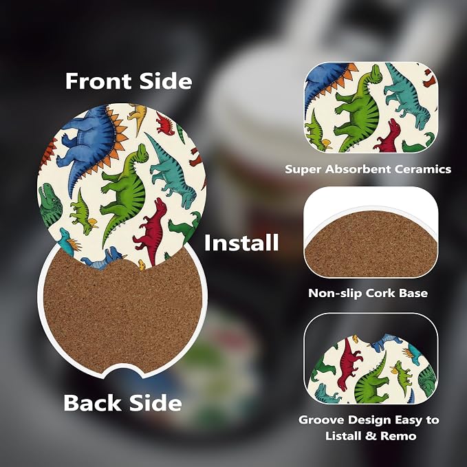 Ceramic Car Cup Coasters 2PCS - Colorful Dinosaur | with Cork Back & Finger Slot, Anti-Slip Shock Absorbing, Universal Car Interior Accessories for Men Women