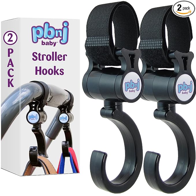 PBnJ Baby Stroller Hooks for Diaper Bags, Purses and Travel, 2 Pack