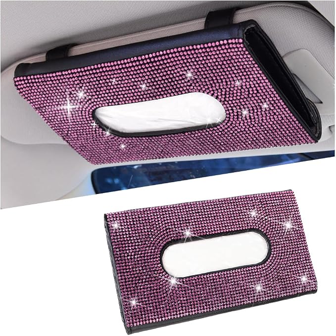 Bling Car Tissue Holder for Sun Visor, Crystal Rhinestone Leather Vehicle Paper Towel Case, Glitter Diamond Auto Napkin Clip Accessories for Women, Universal for SUV, RV, Truck (Pink/Black)
