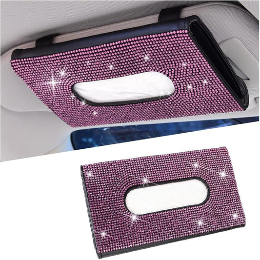 Bling Car Tissue Holder for Sun Visor, Crystal Rhinestone Leather Vehicle Paper Towel Case, Glitter Diamond Auto Napkin Clip Accessories for Women, Universal for SUV, RV, Truck (Pink/Black)