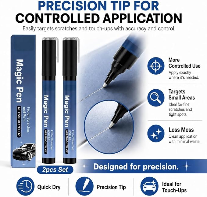 2026 Magic Car Scratch Remover Pen, Car Scratch Remover Pen, Clear Coat Touch Up Applicator for Light Surface Scratches, Small Paint Chips and Scuffs for Cars, Trucks, SUVs and Motorcycles (2Pcs)