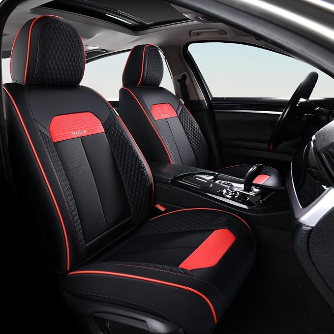 FLORICH Car Seat Cover Full Seats with Waterproof Leather, Car Seat Protectors with Storage Pocket, Airbag Compatible, Universal Seat Cover Fit for SUV, Sedan, Vans, Trucks- Black&Red Line