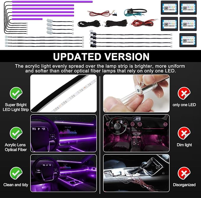 Acrylic Interior LED Strip Light With Wireless APP, RGB 18 in 1 With 175 Inches 600 LEDs Fiber Optic Ambient Lighting Kits for Car, 16 Million Colors Sound Active Function