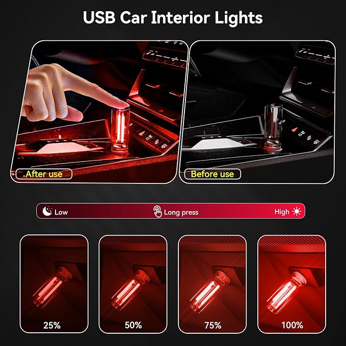 4 PCS USB Night Light Bulb,Touch Dimmable Retro Car Interior Ambient Light | Portable Glass Bottle Design Chubby Glow Light for Car, Truck, Bedroom, Red Ambient Lighting