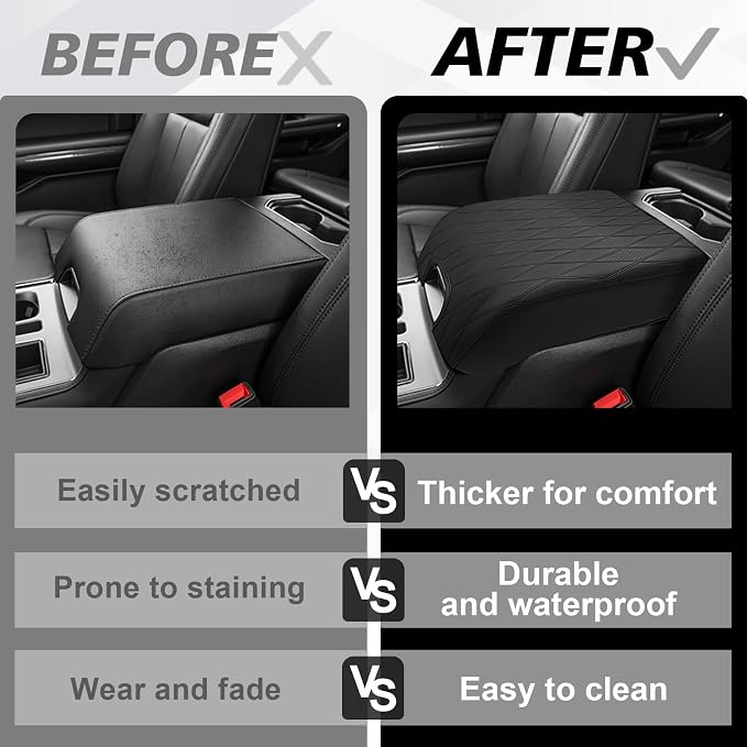 Muslogy Center Console Armrest Cover Fit for Ford F150 2015-2020&F250 F350 F450 2017-2022&Expedition 2018-2024 Accessories, Armrest Pad Console Lid Cushion Vegan Leather Regular Thick (Bucket Seat,V2)