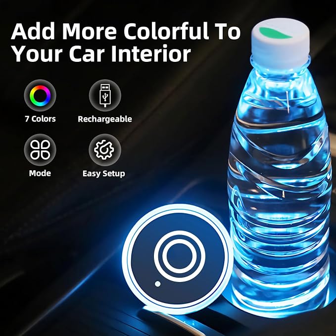 LED Car Cup Holder Lights, 7 Colors Changing USB Charging Mat Waterproof Cup Pad, LED Interior Atmosphere Lamp Decoration Light Inside Car Lighting Accessories (2pcs) (Style 2)