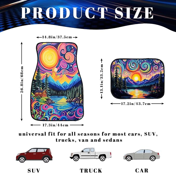 Abstract Car Floor Mats Set of 4 Colorful Sky Pine Tree Mountain Sun Set Automotive Car Floor Carpets Non-Slip Auto Car Accessories Universal Fit for Car SUV Truck Van