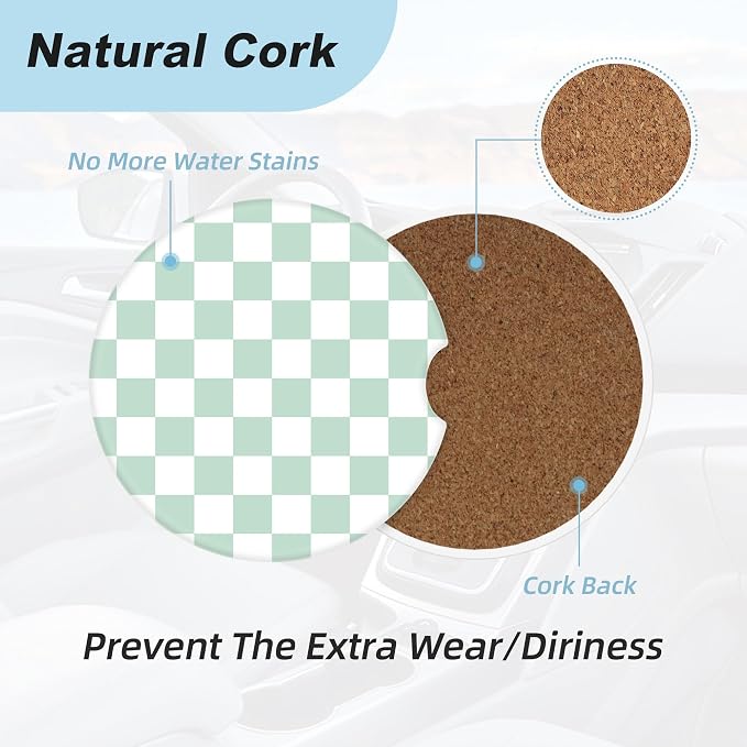 White and Green Checkered Car Coasters for Cup Holders,2 Pack Car Cup Holder Coasters for Car,Ceramic Absorbent Car Coaster with A Finger Notch and Cork Base,Car Interior Accessories for Women Men