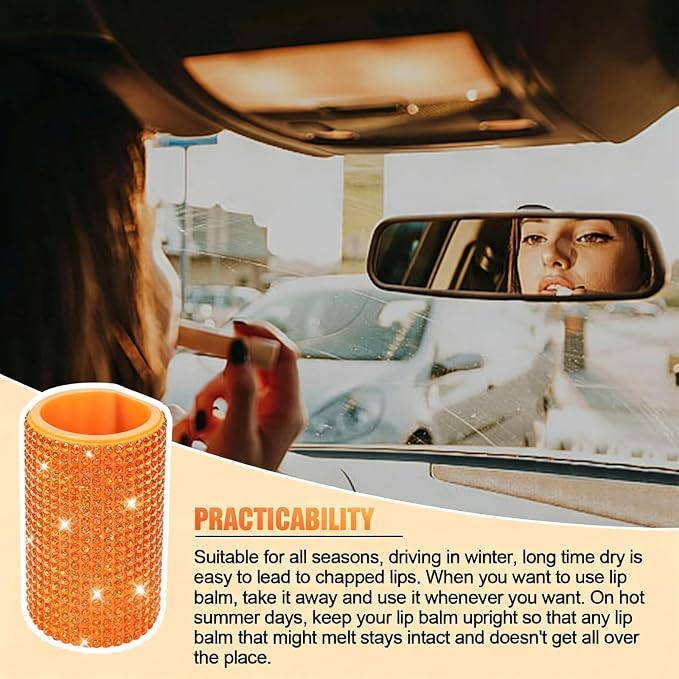 Upright Car Chapstick Holder, Bling Insulating Lip Balm Holder,Rhinestone Car Accessories for Women Interior ,Suitable for Most Vehicles. (Orange)
