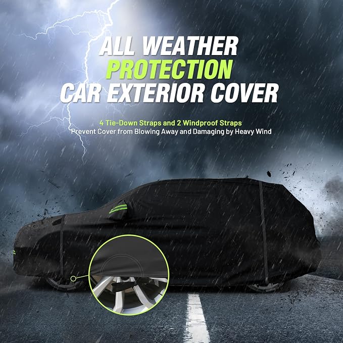 Favoto Car Cover Waterproof All Weather Windproof for SUV up to 181 Inches | UV Protection, Soft Cotton Lining, Driver Door Zipper, Reflective Strips and Storage Bag Included with Vehicle Fitment Black