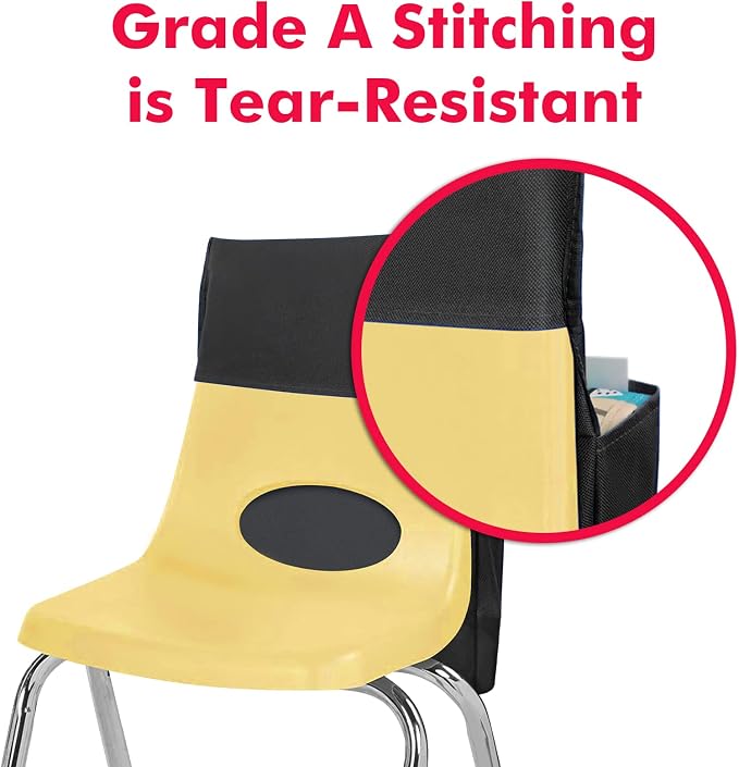 Chair Pockets for Classrooms, 15.7" × 18.9" – 6 Pockets Chairback Storage Organizer with Name Tag Window, Student Desk & Seat-Back Management for Books, Folders & School Supplies, Black