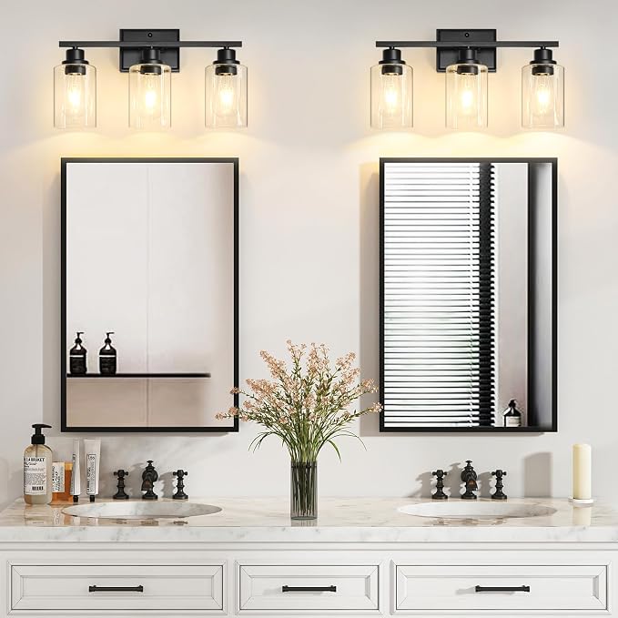 Unicozin 3 Light Bathroom Light Fixtures, Modern Vanity Lights Over Mirror, Black Wall Lamp with Clear Glass for Living Room Cabinet Bedroom Porch