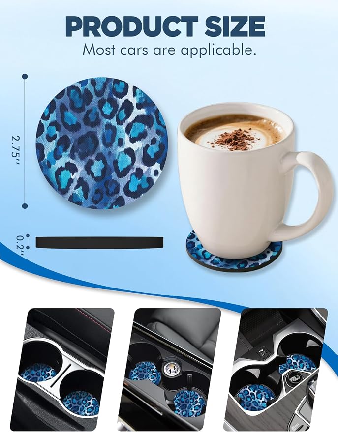 WOCOCN Car Coasters for Cup Holders - 2 Pack 2.75" Universal Rubber Car Cup Coaster, Non-Slip Waterproof Car Interior Accessories, Cute Car Decor Gifts for Women and Men (Blue Leopard Print)