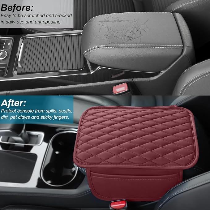 Ouzorp Car Center Console Cover, Upgraded Microfiber Leather Car Arm Rest Cover with 2 Storage Bags, Universal Armrest Cover for Car Storage Box Car Interior Accessories Protector for Most Vehicle-Red