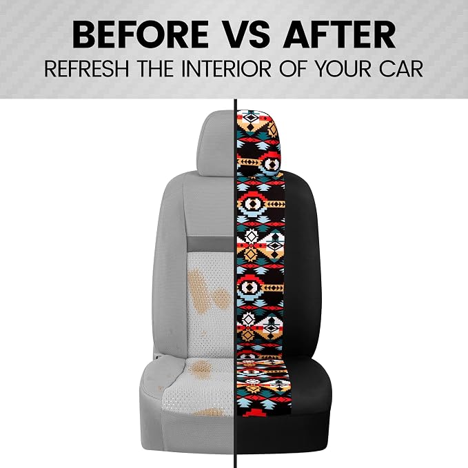 BDK Aztec Pattern Car Seat Covers for Front Seats, 2-Pack Geometric Print Front Seat Cover Set with Matching Headrest, Sideless Design for Easy Installation, Universal Fits Most Cars Trucks Vans SUVs
