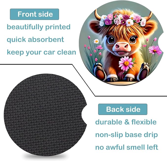 2 Pack Highland Cow Floral Car Cup Holder Coasters Universal Neoprene Mat | 2.75" Universal Size Anti Slip Rubber Mat, Auto Cup Holder Accessories for SUV Truck, Cow Lovers Gifts for Women Men Mom