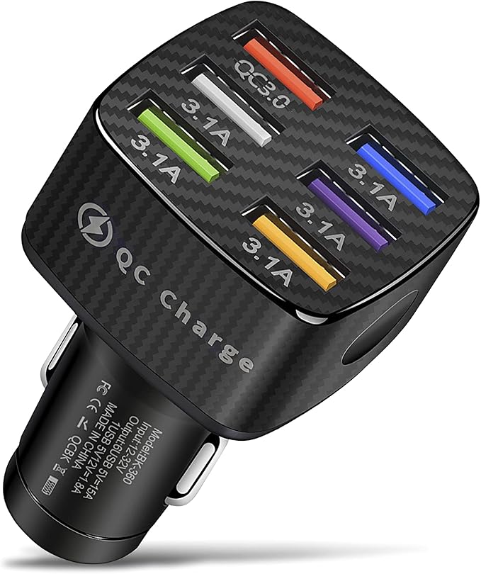 Amiss Car Charger Adapter, 6 USB Multi Port, Fast Charger, Include QC 3.0 and 5 Other Ports, Car Interior Accessories, Fit for iPhone 17/16/15/14/13Pro Max, Samsung, Android (Black 1pc)