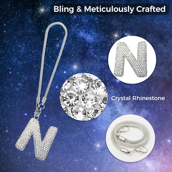 Bling Car Accessories for Women Letter Charm, Rear View Mirror Ornament Cute Hanging Crystal Pendant Girl Car Decorations, Lucky Diamond Rhinestone Girly Charm Interior (White N)