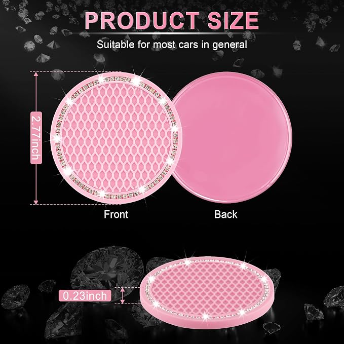 JUSTTOP Car Cup Holder Coaster, 2 Pack Universal Auto Anti Slip Cup Holder Insert Coaster, Bling Crystal Rhinestone Car Interior Accessories-Pink