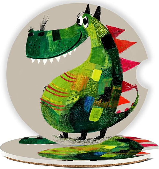 Car Cup Holder Coaster Set of 2, 2.56 in Ceramic Coasters, Scratch-Resistant Cork Backing, Finger Groove Design for Easy Placement, Cute Car Accessories Interior for Women (Green Dinosaur)