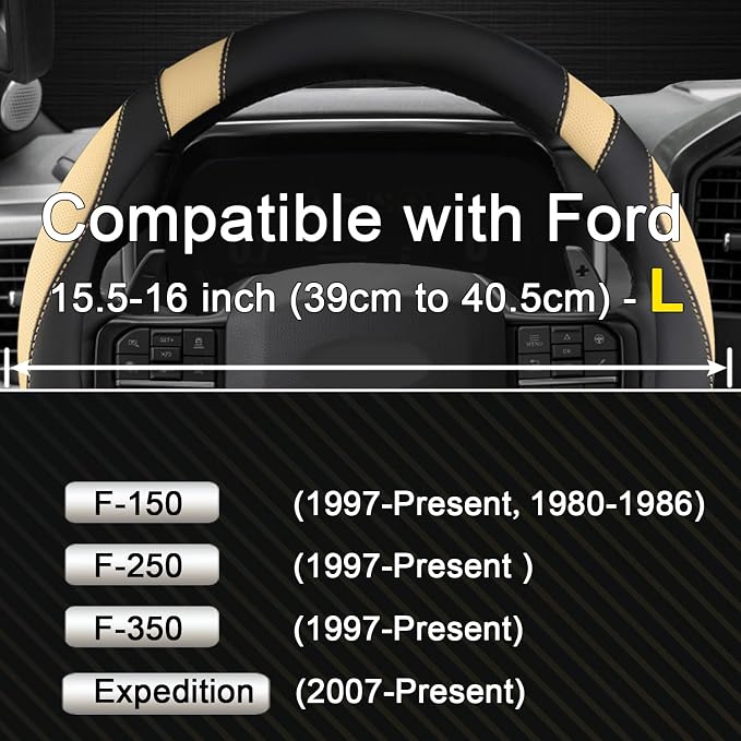 West Llama Customized Auto Car Steering Wheel Cover for Ford F-150, F-250, F-350, Expedition (Black+Beige)