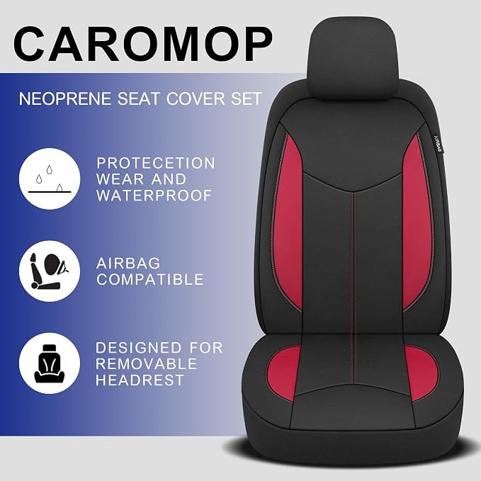 CAROMOP Neoprene Car Seat Cover 2 Front Seats, Waterproof Seat Covers for Cars, Universal Fit for Most Car Interior Covers-Sedan Truck SUV(Black/Red)
