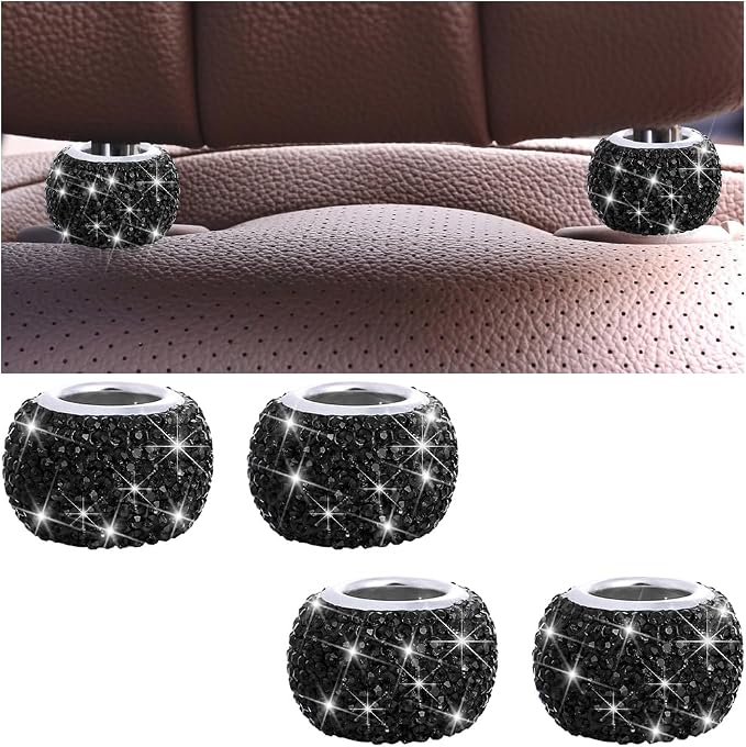 4PCS Bling Car Headrest Collars, Crystal Rhinestone Vehicle Head Rest Collars Decorative Rings, Diamond Automotive Seat Interior Charms Accessories, Universal for SUV, Sedan, Truck (Black)