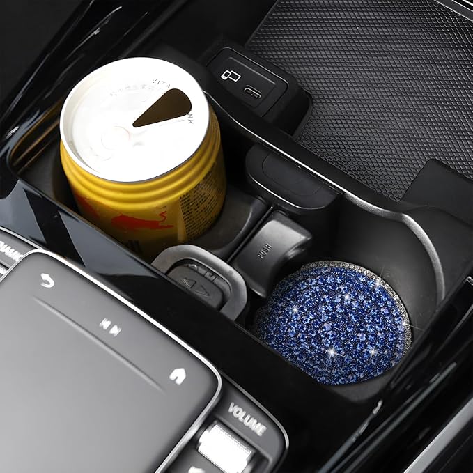 Bling Car Cup Holder Coaster, 2PCS 2.75 Inch Crystal Rhinestone Anti Slip Vehicle Drink Cup Mat for Women Girls, Auto Interior Embedded in Ornaments. Universal for SUV RV Truck (Blue)