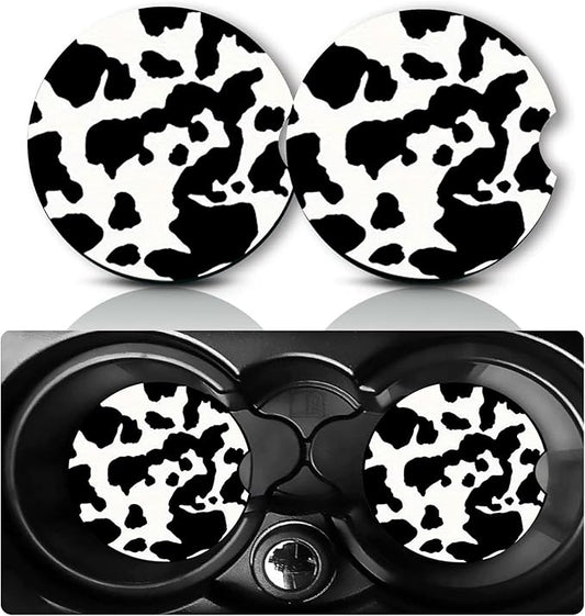 2Pcs Cow Print Car Coasters,2.75" Neoprene Rubber Cars Cup Holder Coasters | Universal Non‑Slip Mat, Drink Coaster Decor Auto Accessories Cows Gifts for Women,Men,Mom