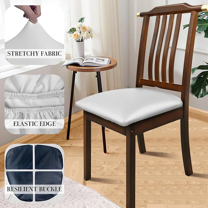Pu Leather Dining Chair Seat Covers Set of 6, Waterproof Dining Seat Covers Stretch Chair Covers for Dining Chairs/Kitchen Room/Hotel, Odorless Seat Covers for Kitchen Chairs (Pure White - 6 PCS)