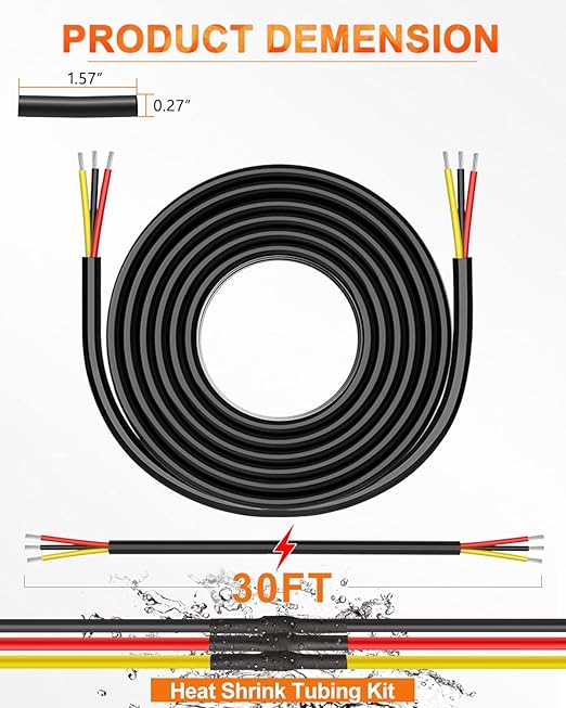 NAOEVO 12 Gauge Wire 3 Conductor Electrical Wire, 12 AWG Stranded PVC Cord, 12V Low Voltage/Tinned Copper/Flexible Cable for Automotive Wiring, Lamp Cord, Marine Cable (30FT)