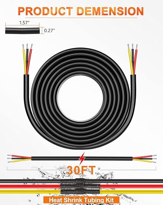 NAOEVO 18 Gauge Wire 3 Conductor Electrical Wire, 18 AWG Stranded PVC Cord, 12V Low Voltage/Tinned Copper/Flexible Cable for Automotive Wiring, Lamp Cord, Marine Cable (30FT)