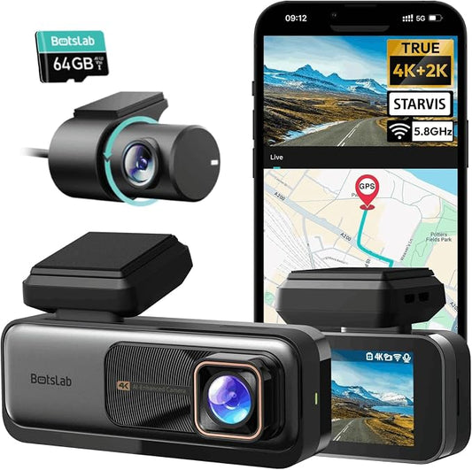 BOTSLAB 4K Dash Cam Front and Rear[2026 Upgraded], 64GB SD Card Included, STARVIS Sensor, 170° Ultra Wide 4K+2K Dashcam with ADAS, Night Vision, 24/7 Parking Mode, WDR, 5.8GHz WiFi, GPS,Loop Recording