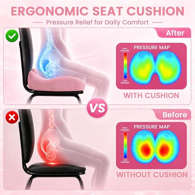 CJACSOC Seat Cushion, Extra Large Memory Foam Cushion for Office Chair Cushions, Ergonomic Cushions Pad Pillow for Pressure Relief Sciatica & Pain Relief for Long Sitting, Pink
