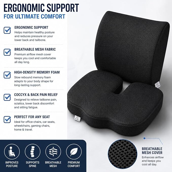 2-in-1 Memory Foam Seat Cushion & Lumbar Support Set | Ergonomic Office Chair Cushion for Tailbone, Sciatica & Help Back Pain Relief | Non-Slip Coccyx Pad, Washable Cover, Adjustable Strap