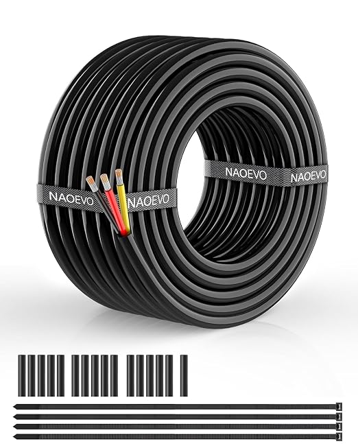 NAOEVO 12 Gauge Wire 3 Conductor Electrical Wire, 12 AWG Stranded PVC Cord, 12V Low Voltage/Tinned Copper/Flexible Cable for Automotive Wiring, Lamp Cord, Marine Cable (100FT)