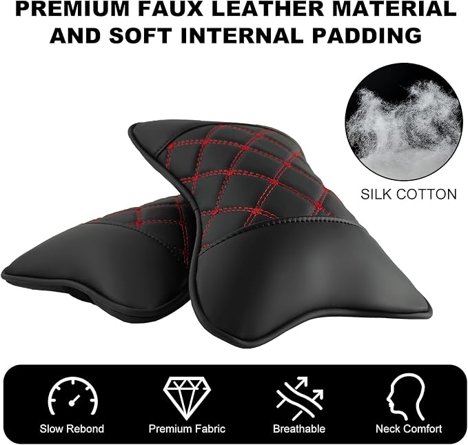 2 Pack Car Neck Pillow PU Leather Automotive Headrest Pillow for Car Support Neck Pain Relief Universal Car Pillow (Red Black)