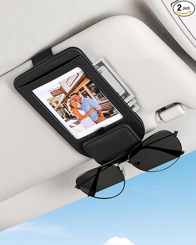 Car Visor Sunglasses Holder, 3 in 1 Glasses Clip with Photo Picture Display & Extra Storage Pocket, Anti-Slip Universal Sun Visor Organizer, 2026 Upgraded (2, Black)