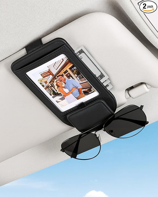 Car Visor Sunglasses Holder, 3 in 1 Glasses Clip with Photo Picture Display & Extra Storage Pocket, Anti-Slip Universal Sun Visor Organizer, 2026 Upgraded (2, Black)