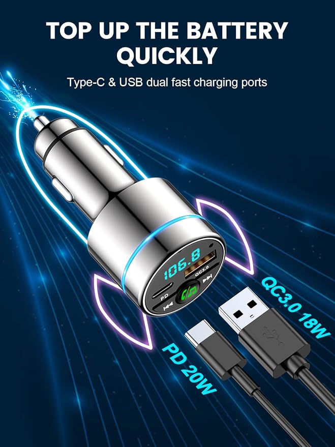 RIWUSI FM Transmitter for Car Bluetooth 5.3, [All-Metal] PD 30W & QC3.0 18W Fast Car Charger, Wireless FM Radio Kit Bluetooth Car Adapter, Noise Cancelling Hands-Free Call, Blue Light - Sliver
