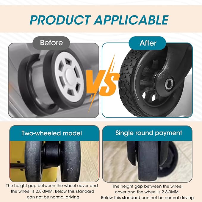 8 Pcs Adhesive Silicone Luggage Wheel Covers, Waterproof, Noise-Reducing, Shock-Absorbing Suitcase Wheel Protector for Travel, Fits Most Spinner and Office Chair Wheels (Black)