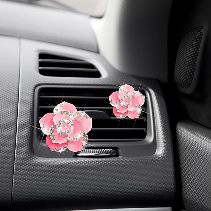 Osilly Bling Car Air Vent Clips, 4PCS/2Set Flower Rhinestone Vehicle Air Outlet Clamp, Sparkly Diamond Automotive Interior Vent Clip Charm Decor Accessories, Universal for SUV Truck RV (Rose Red)
