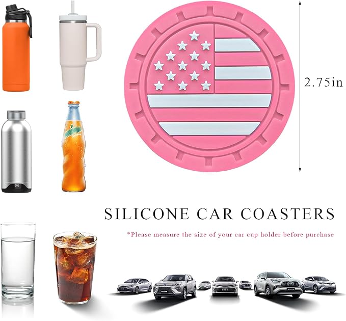 4 PCS Car Cup Holder Coasters, 2.75 Inch Universal Non-Slip American Flag Insert Coaster for Auto Cup Holders, Shockproof Car Drink Mat for Men Women, Vehicle Interior Decor (Pink)